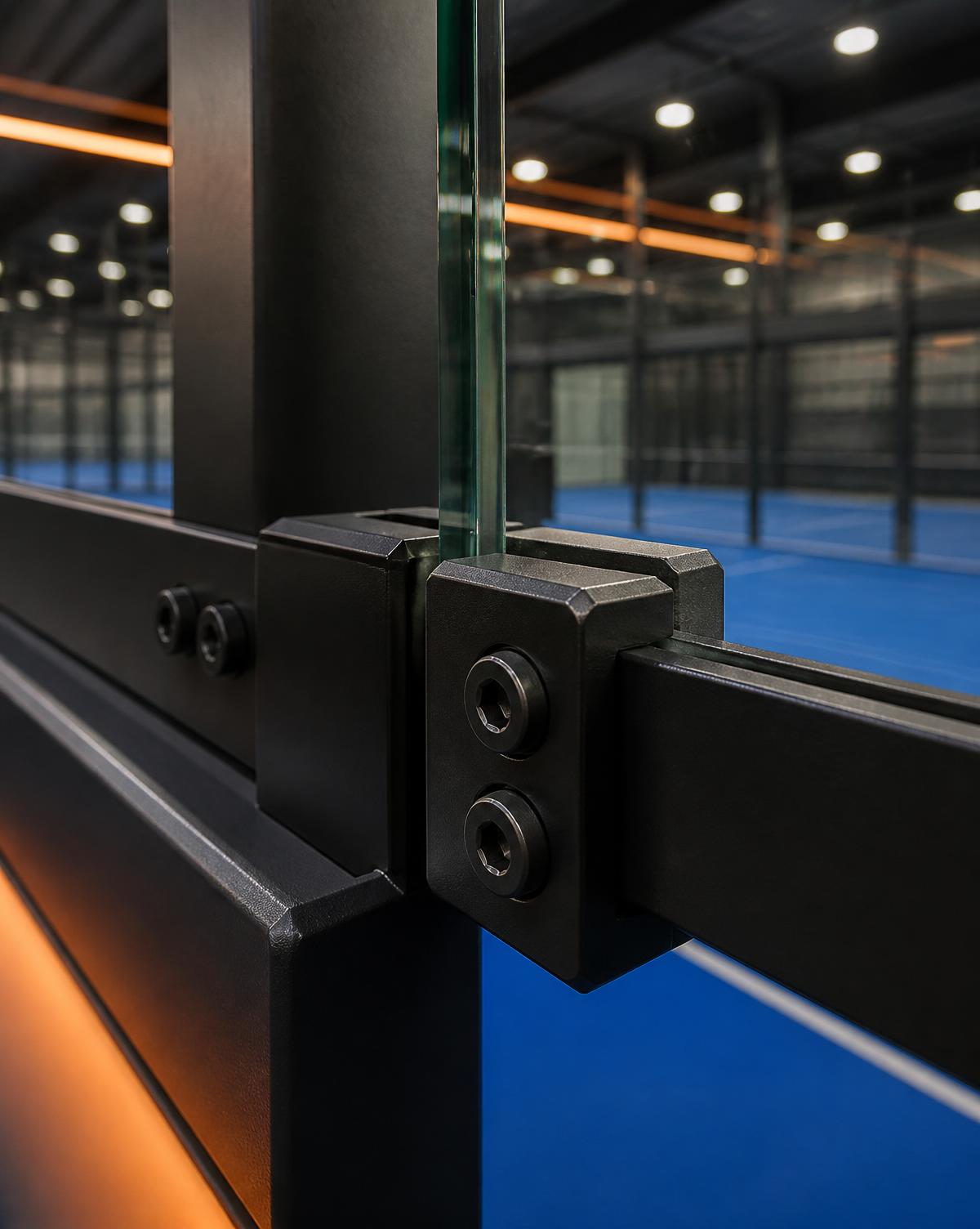 Detail der Glas- und Stahlkonstruktion eines Full-Panorama Padel Courts